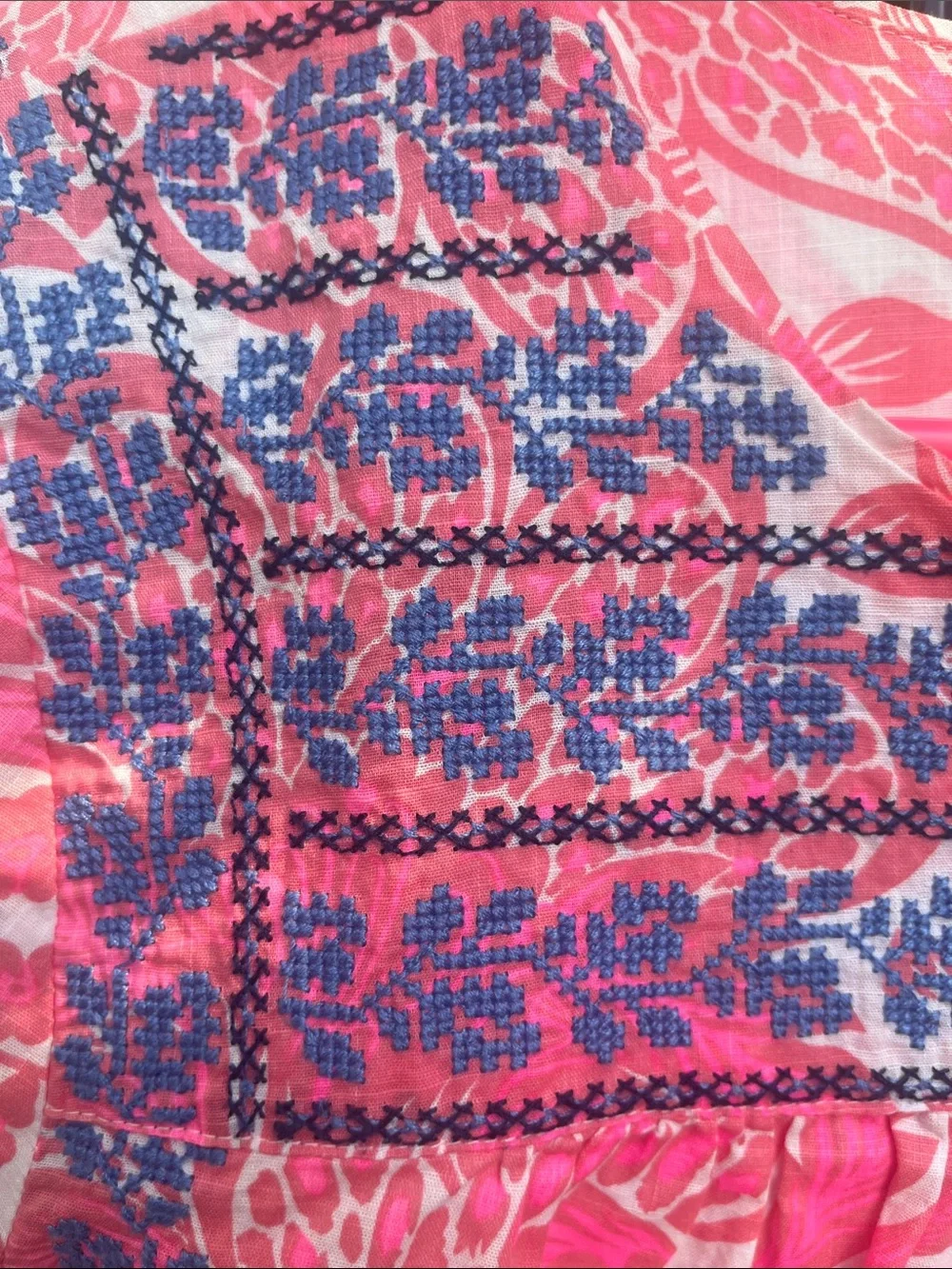 J. Crew Pink and Blue Floral Embroidered Peasant Blouse